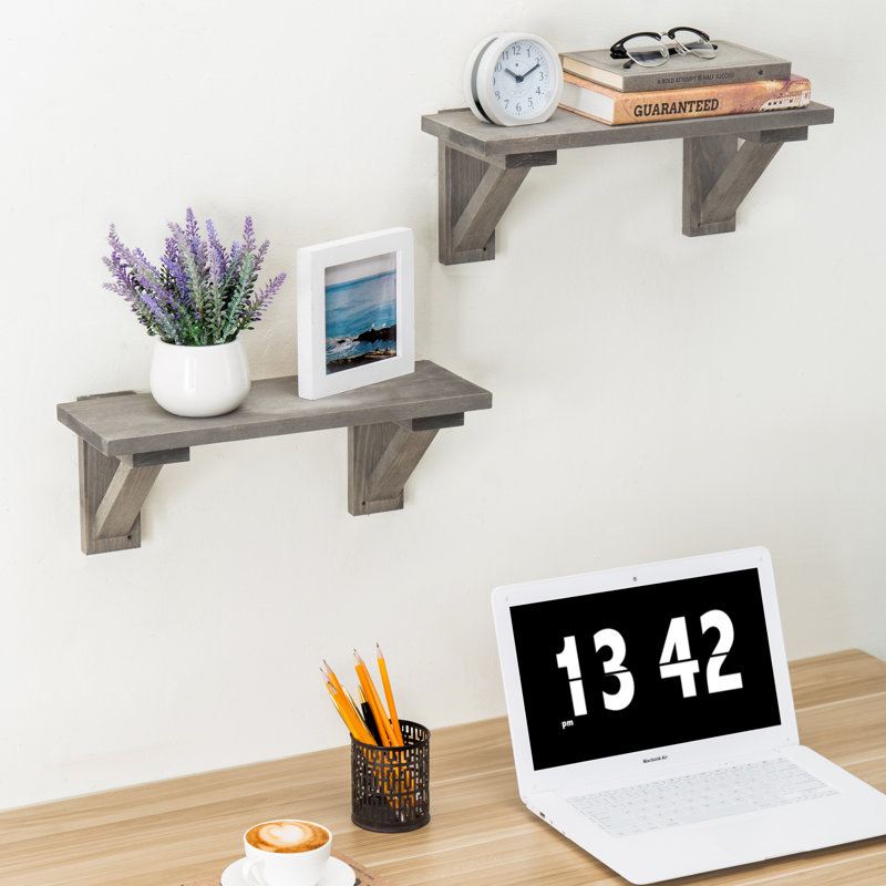 2 Piece Solid Wood Floating Shelf, Grey