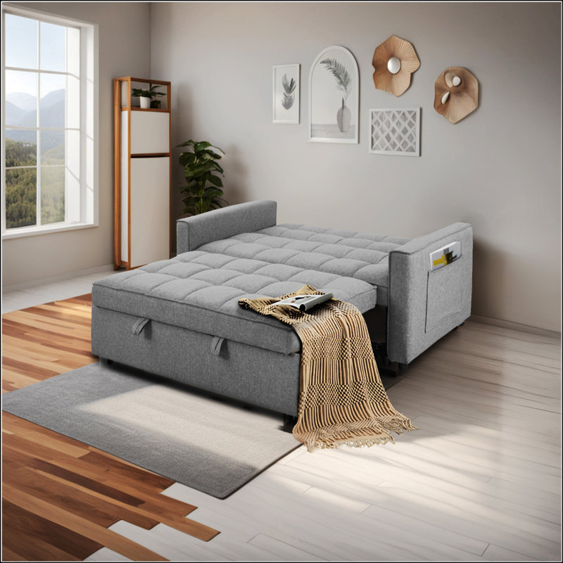 Stylish Pull-Out Sofa Bed With Woven Polyester Fabric & Solid Wood Frame, Gray