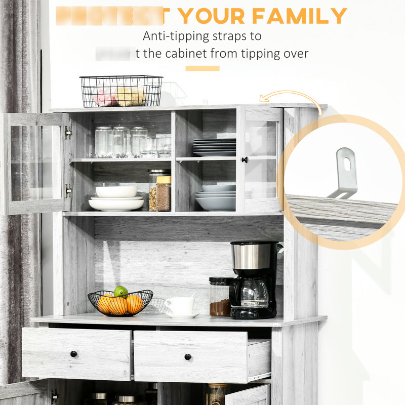 Armoire de cuisine de 63,5 po avec garde-manger, 4 tablettes et tiroirs, gris cendré, pouvant contenir diverses fournitures, 4 tablettes, portes en verre encadrées, espace de comptoir ouvert pour micro-ondes