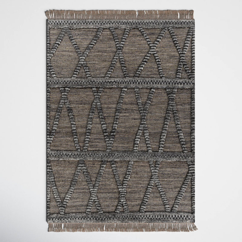 Leanna Hand-Knotted Wool Brown/Grey/Blue/Black Area Rug, Rectangle 5' x 7'6"