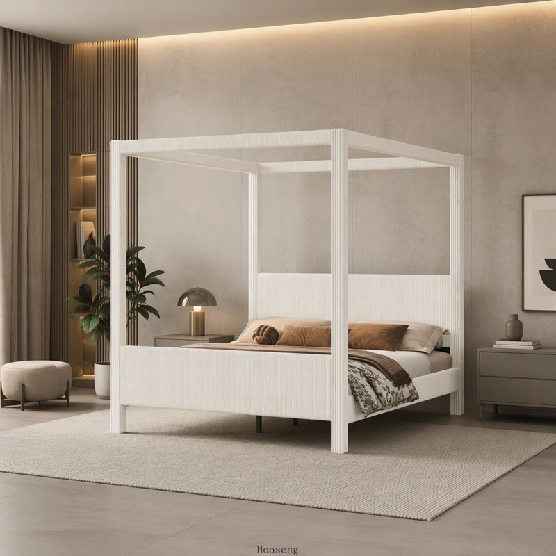 Lit plateforme à baldaquin capitonné King avec tête et pied de lit en velours côtelé à côtes verticales, beige, Beige