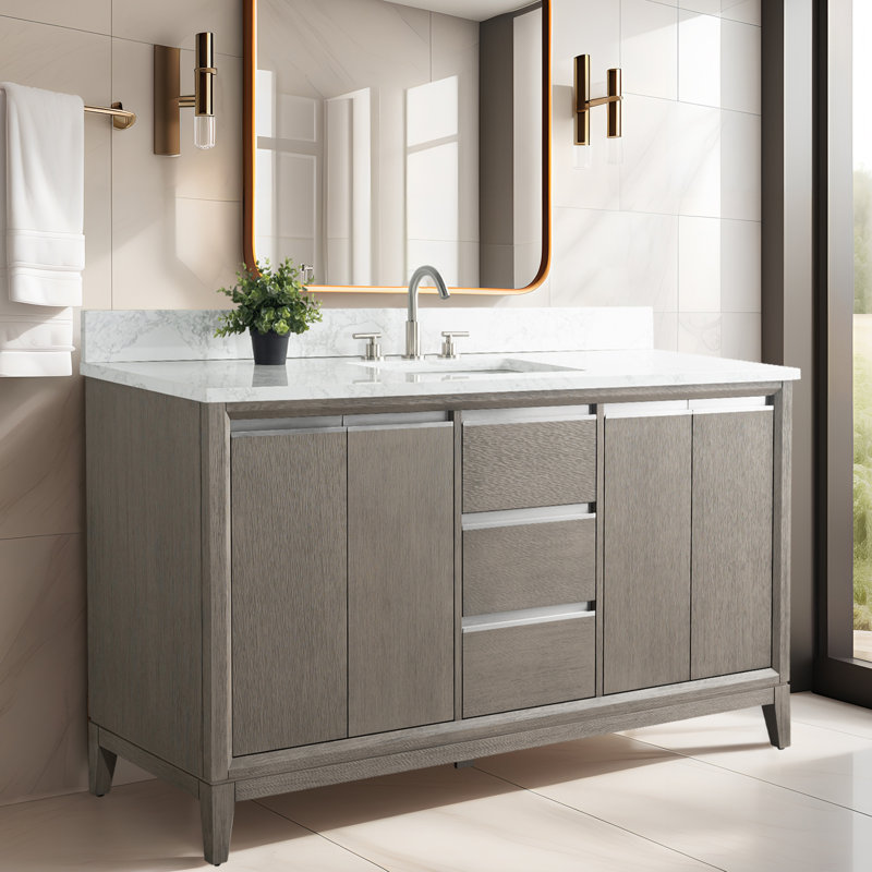 Meuble-lavabo double 60 po avec comptoir, Bois flottant gris, Simple , 60"