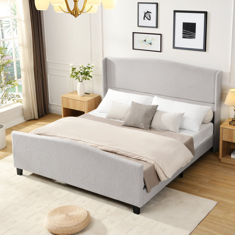 Bed Frame With Upholstered Headboard And Footboard, Gray, Très grand lit