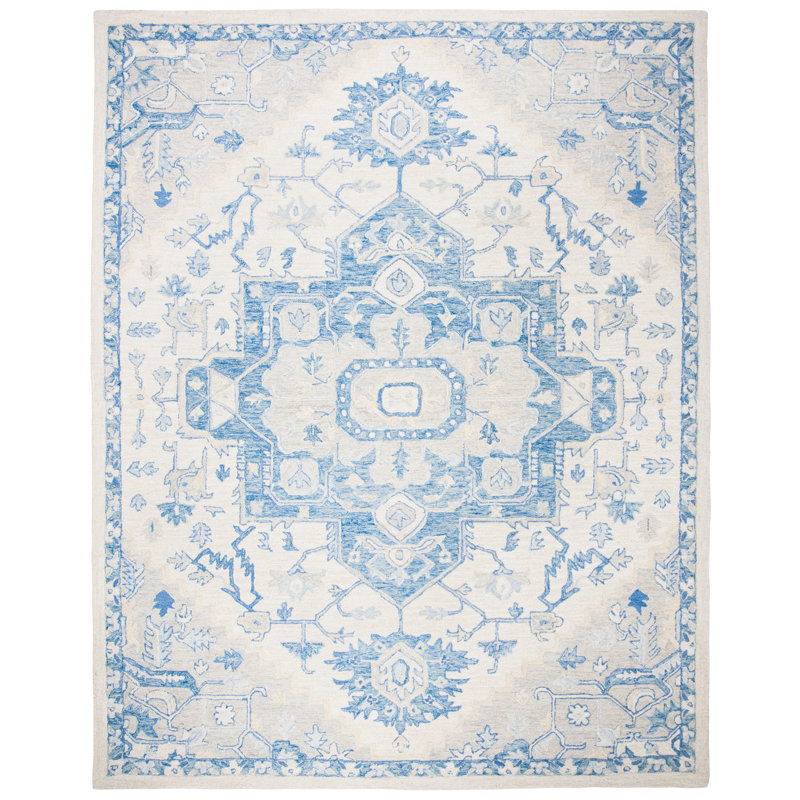 Cuvier Hand Tufted Wool Cotton Oriental Rug in Blue/Ivory, Rectangle 4' x 6'