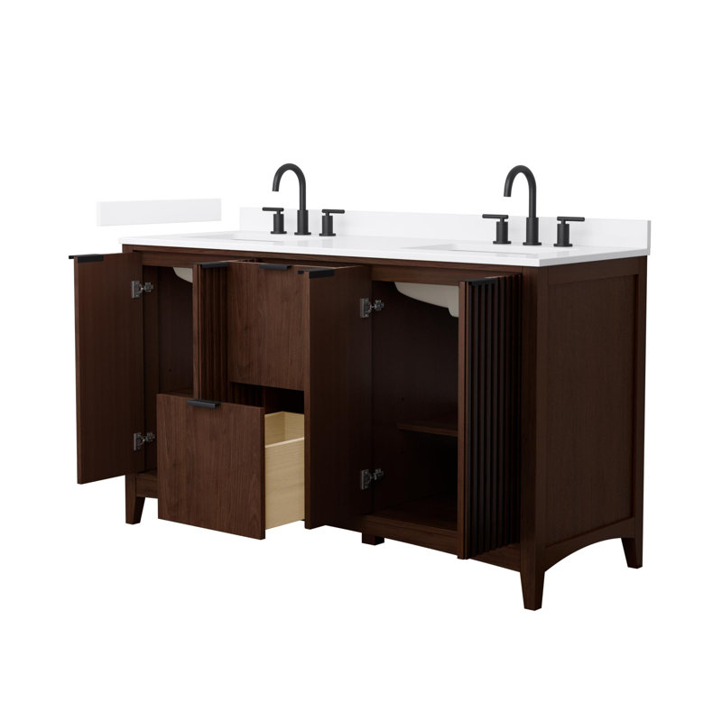 Palmilla 60" Freestanding Double Bathroom Vanity with Quartz Top, Brown, Matte Black