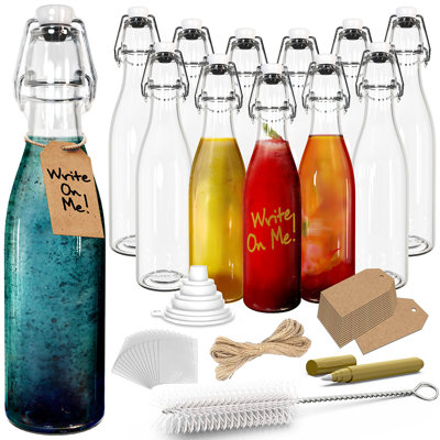  12 oz Round Swing Top Glass Bottles (Pack of 12) | Includes Funnel, Brush and Marker