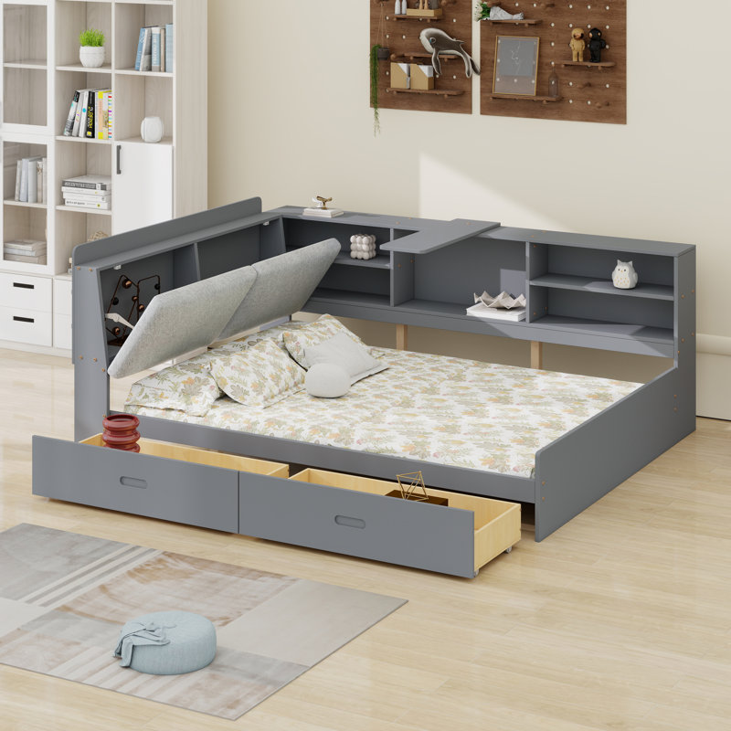 Canapé-lit multifonctionnel avec tête de lit rembourrée, deux tiroirs, tablettes et plateau de rangement rotatif, Grey