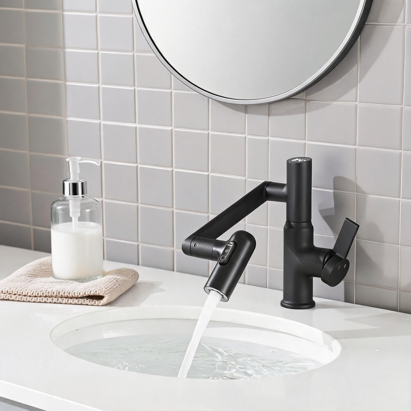 Robinet de lavabo de salle de bain en laiton noir mat 8 pouces avec fonction de jet et affichage de la température