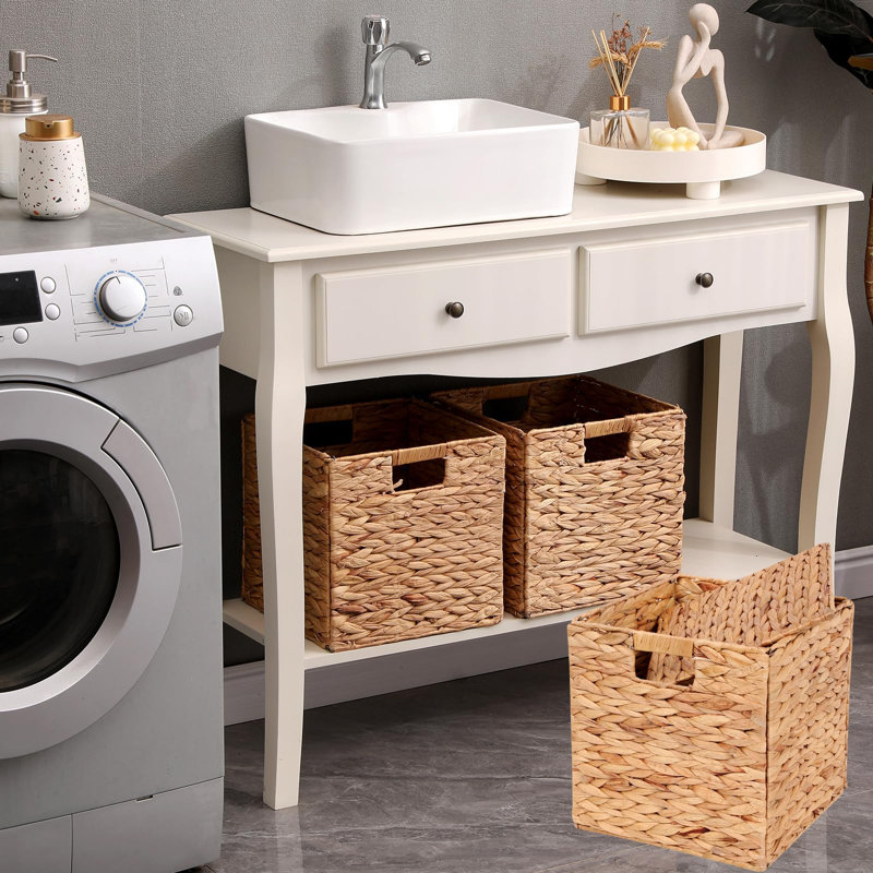 Wicker Storage Cubes Wicker Storage Baskets Rectangular Laundry Organizer Totes For Shelves,Foldable Handwoven Water Hyacinth Storage Baskets For Organizing Set Of 2 Pcs.