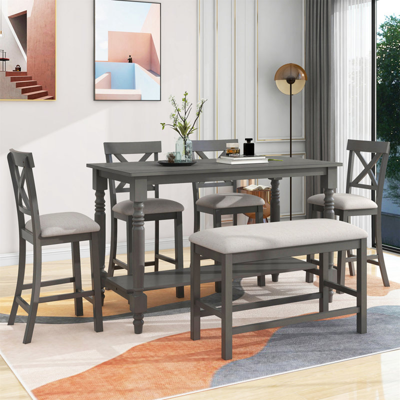 6-Piece Counter Height Dining Table Set Table With Shelf 4 Chairs And Bench For Dining Room, Beige/Grey