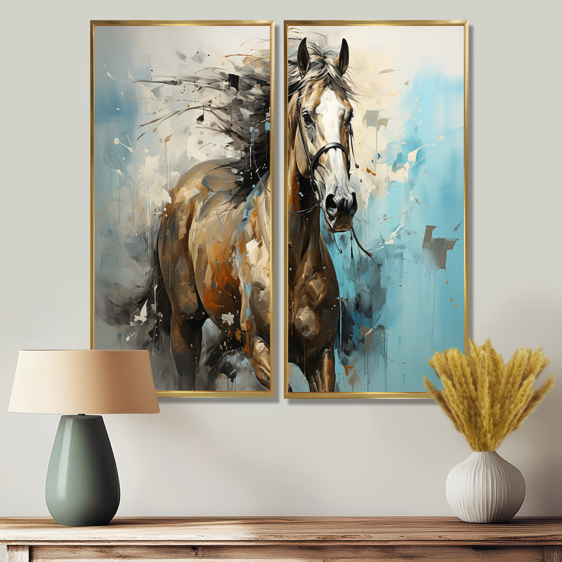 Cheval au galop fantaisiste - art mural moderne sur toile noir, H 40 po x l 40 po, Reproduction encadrée sans passe-partout