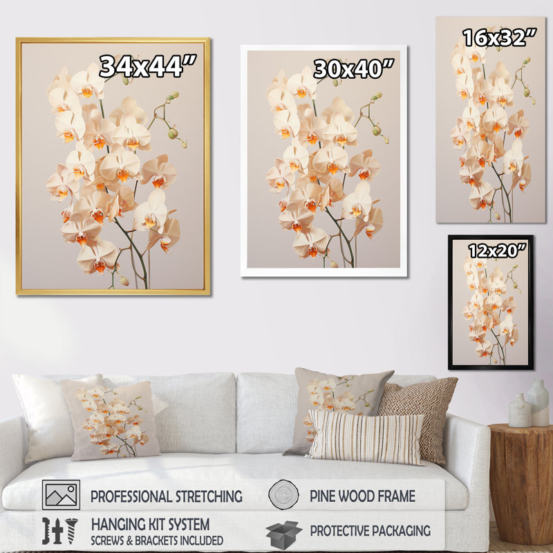 Orchidées beiges tranquillité V, Cadre flottant doré, H 40 po x l 30 po x P 1,5 po