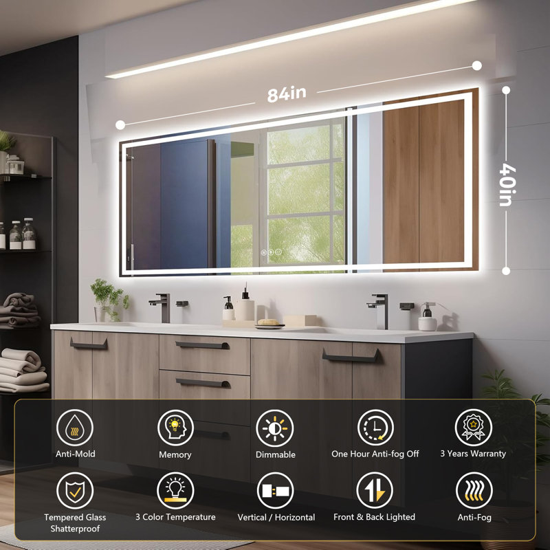 Smart Ultra-Bright LED Anti-Fog Tempered Glass Bathroom Mirror with ETL Certification, 84" x 40"