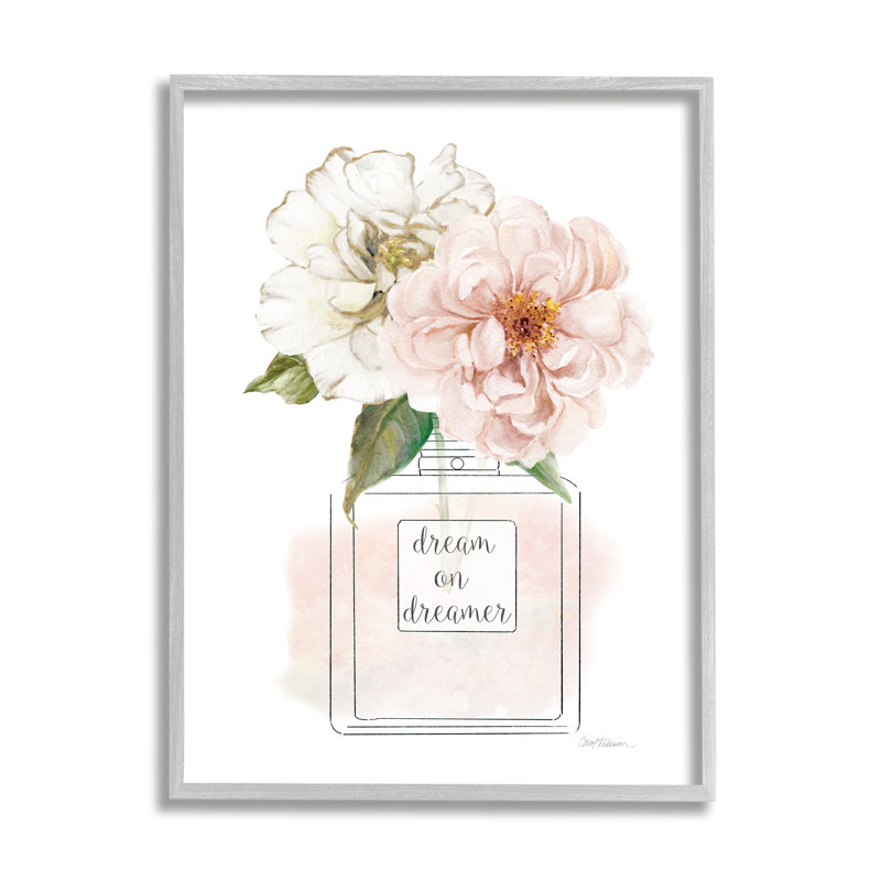 «Dream on Dreamer Expression Pink Florals Perfume Bottle» par Carol Robinson - peinture sur toile, H 30 po x l 24 po