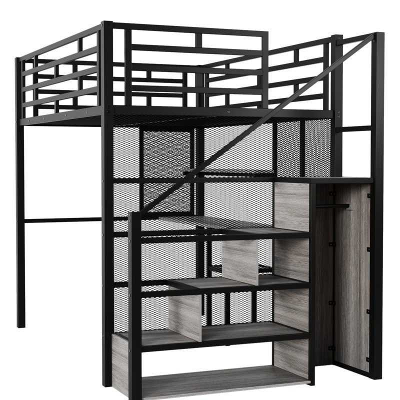Lit mezzanine en métal avec garde-robe, bureau et tablettes de rangement, Noir