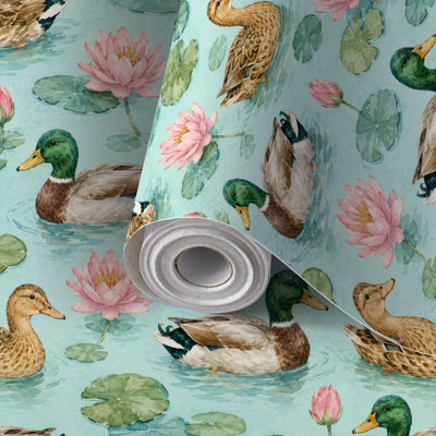 Peel and Stick Wallpaper Contact Paper Watercolor Ducks Lotus Flowers Pond Lily Pads Self Adhesive and Removable 24in x 118in(60x300cm)