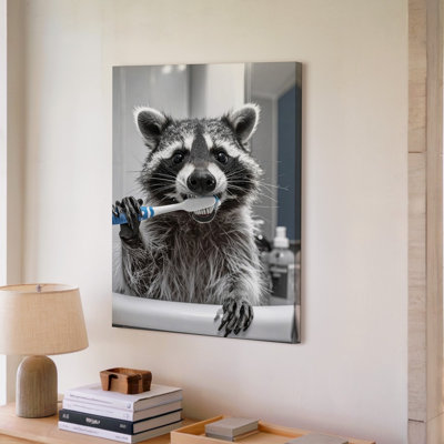 Canvas Wall Art A Raccoon Brushing Its Teeth In A Bathroom Holding The Toothbrush In Its Paw While Premium Quality Ready To Hang Modern