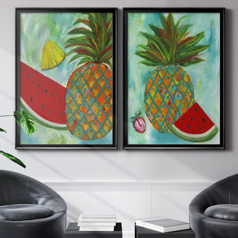 Ananas et melon d'eau I - ensemble de 2 reproductions d'art, H 18,5 po x l 49 po x P 1,5 po, Toile avec cadre noir