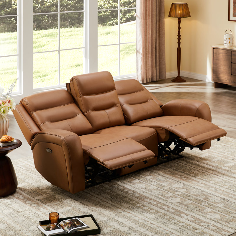  Top Grain Genuine Leather Upholstered Power Reclining Sofa, Aline Butternut