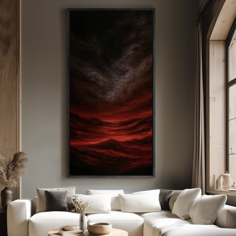 Grande toile murale encadrée, impression de paysage de montagne abstrait cramoisi foncé - 60 po x 30 po, H 60 po x l 30 po