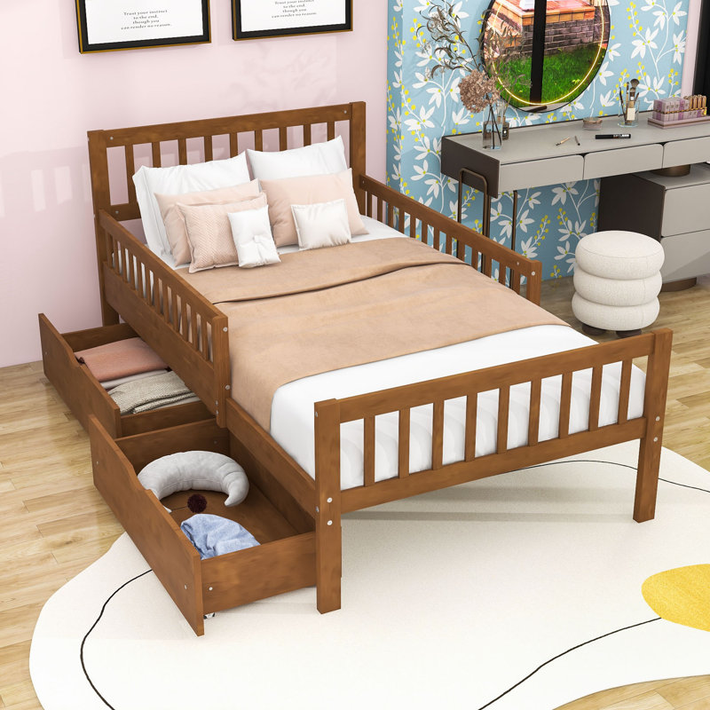 Lit plateforme en bois avec deux tiroirs de rangement et tête de lit, Simple