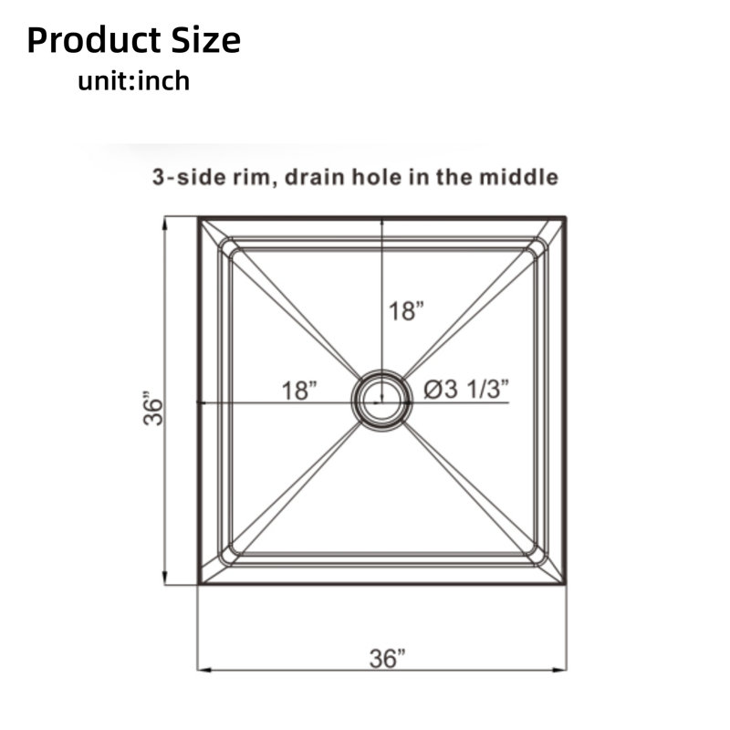 36-Inch X 36-Inch Black Shower Base 3.5-Inch Height Non-Slip Acrylic Center Drain Single-Threshold Shower Base