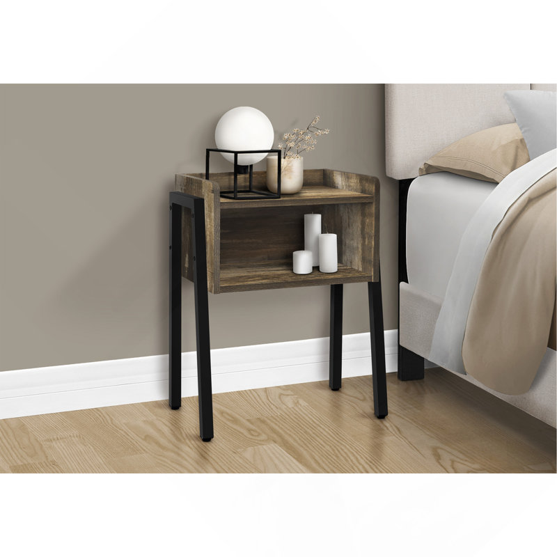 Table d'appoint, table d'appoint, table de bout, table de chevet, lampe, salon et chambre à coucher, stratifié brun, métal noir