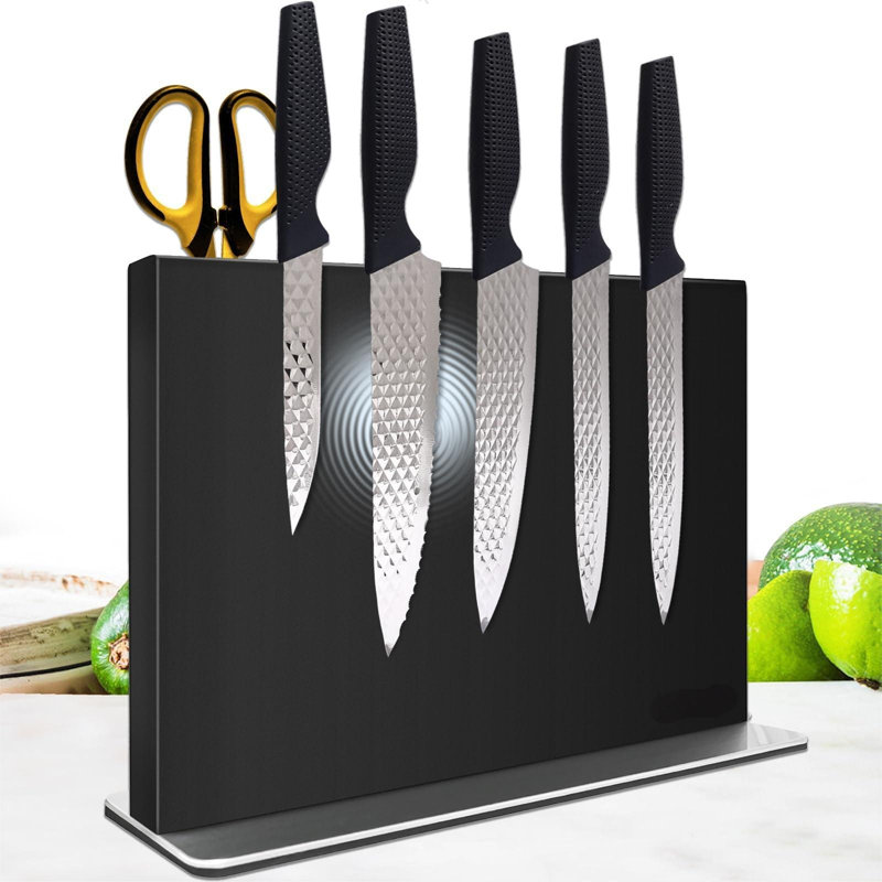 Porte-couteaux magnétique sans couteaux - Porte-couteaux magnétique double face en acier inoxydable noir avec aimants puissants, organisateur de rangement de couteaux pour comptoir de cuisine
