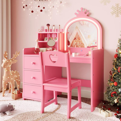 Coiffeuse Princess avec lumières et miroir, coiffeuse en bois pour enfants avec fauteuil et rangement