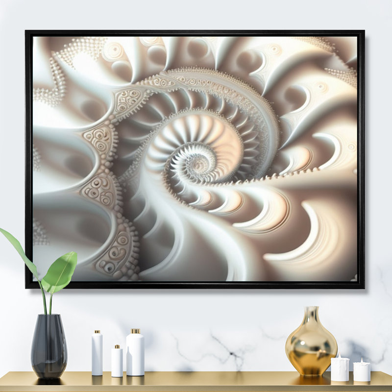 «Lilya White Fractal Spiraling II», reproduction sur toile, Cadre flottant noir, 34" H x 44" W
