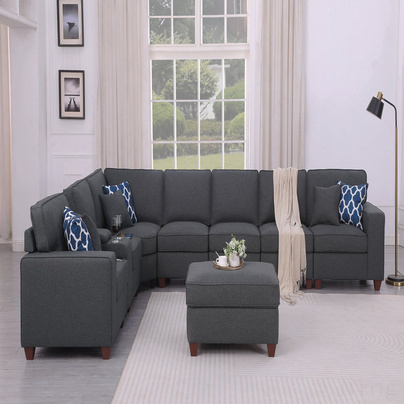 Canapé modulaire avec repose-pieds, Lin - Gris foncé, 35 po H x 151,25 po L x 110,25 po po