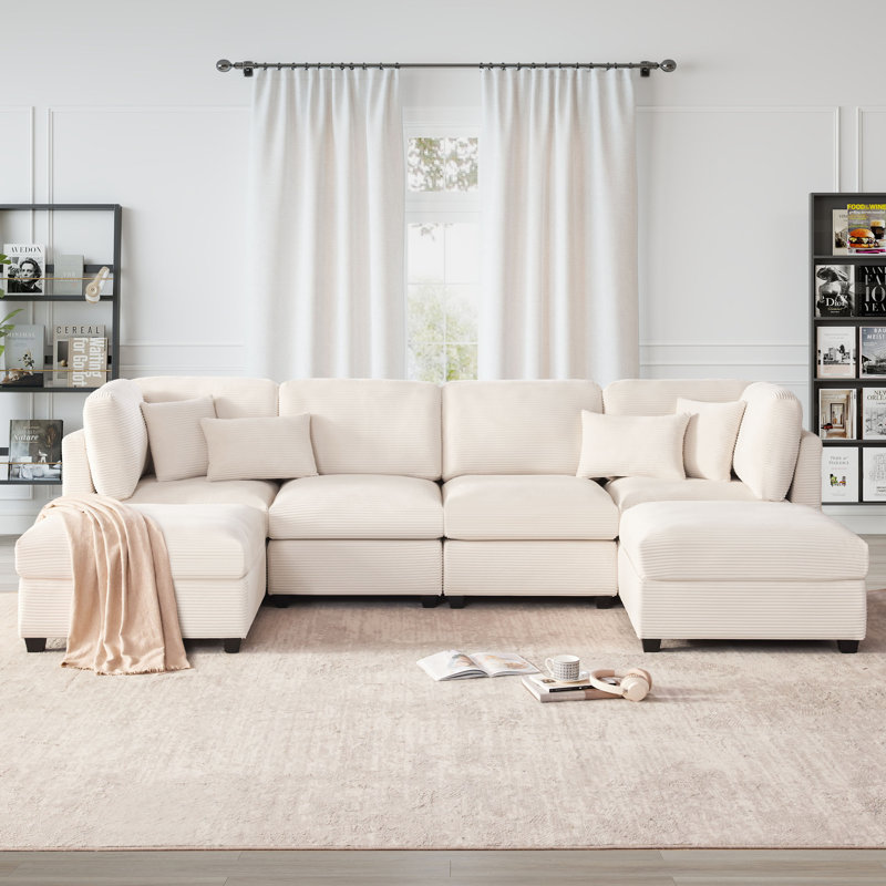 125" Modular Sectional Sofa 6 - Piece Convertible Corduroy Couch With Storage Ottoman, Beige, 6
