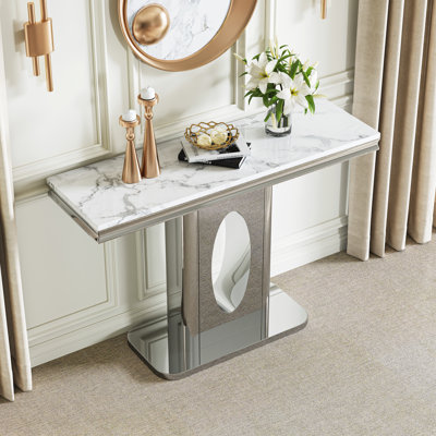 Modern Rectangular Faux Marble Console Table, 46.85" Luxury Mirrored Stainless Steel Round Hollow Base