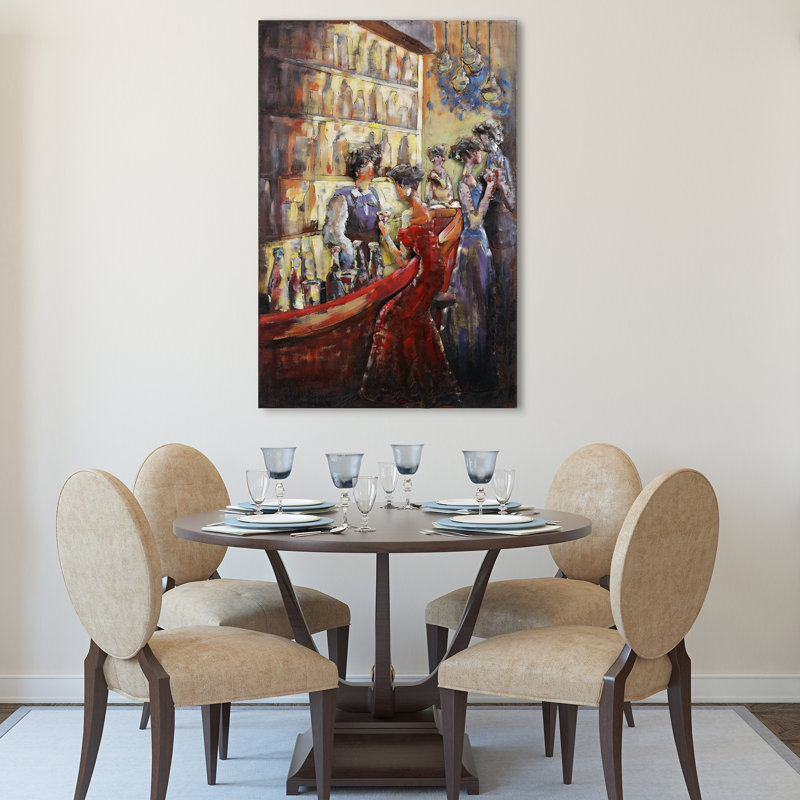 Hand Painted Dimensional Tavern Scene Iron Wall Art, 52" x 36"