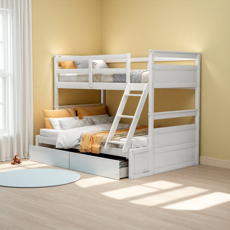 Lit simple superposé au dessus d'un lit double avec rangement, Blanc