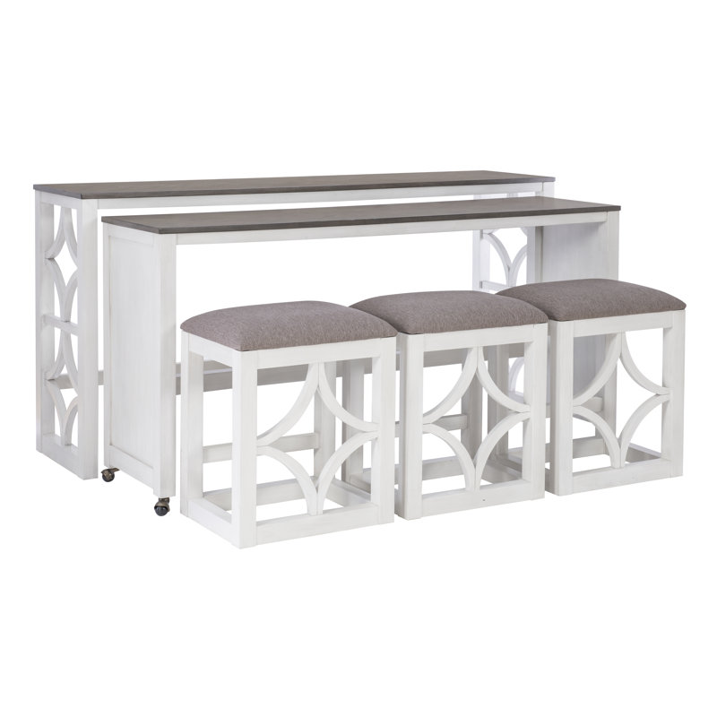Rabeeah 72" Long Rolling Console & 3-Stool Set, White