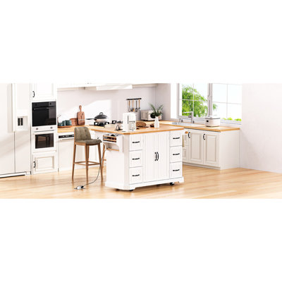 Kitchen Island With 4 Internal Storage , 6 Drawers, White - Spacious Door Shelves, Power Outlet Modern Luxury