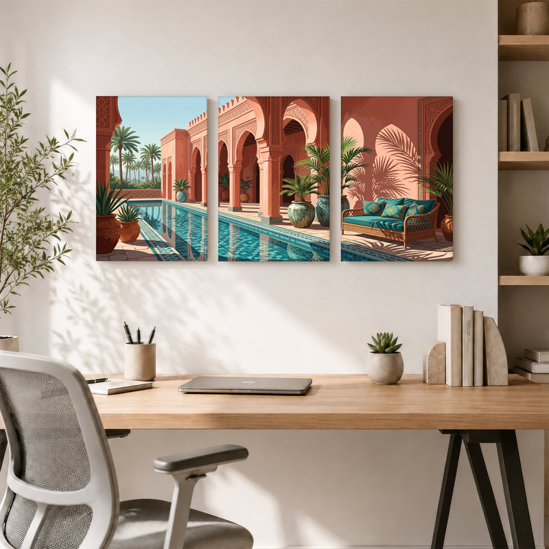 «Terracotta Courtyard with Pool and Palm Plants», ensemble de 3 toiles murales, 36"H x 24"W x 3pcs