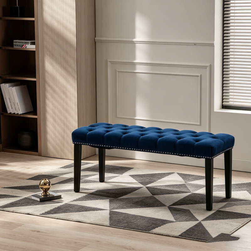 Upholstered Tufted Bench Ottoman , Velvet Dining Bench Bedroom Bench Footrest Stool Accent Bench, Blue
