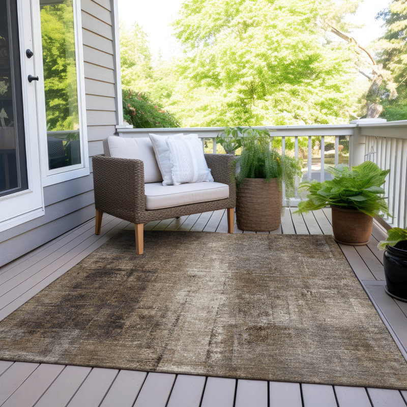 Tapis intérieur / extérieur brun lavable à la machine Xhevrie, Rectangle 10 pi x 14 pi