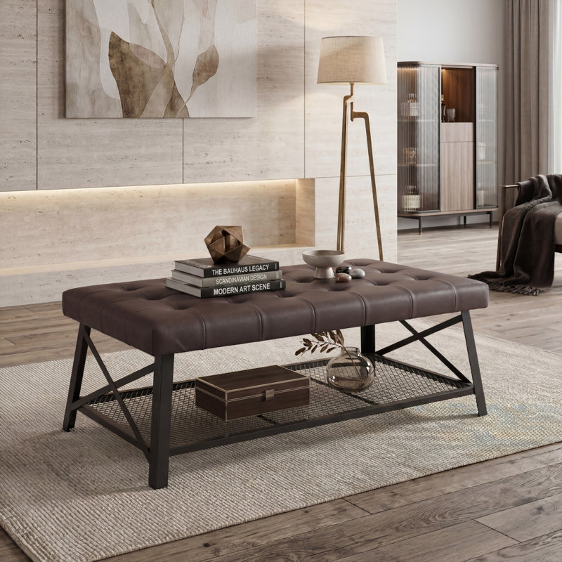 Dark Brown Tufted Faux Leather Upholstered Coffee Table With A Durable Faux Leather Tabletop, Paired With A Mesh Metal Base And Sturdy Legs. Easy To Assemble.