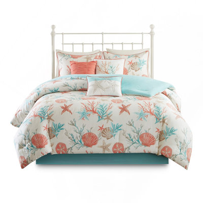 Luxurious Coastal 7 Piece Cotton Sateen Comforter Set With Vibrant Shells And Starfish Motif, Hypoallergenic And OEKO-TEX Certified