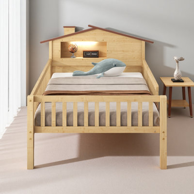 Wood Platform Bed With House-Shaped Headboard, LED And Built-In Storage