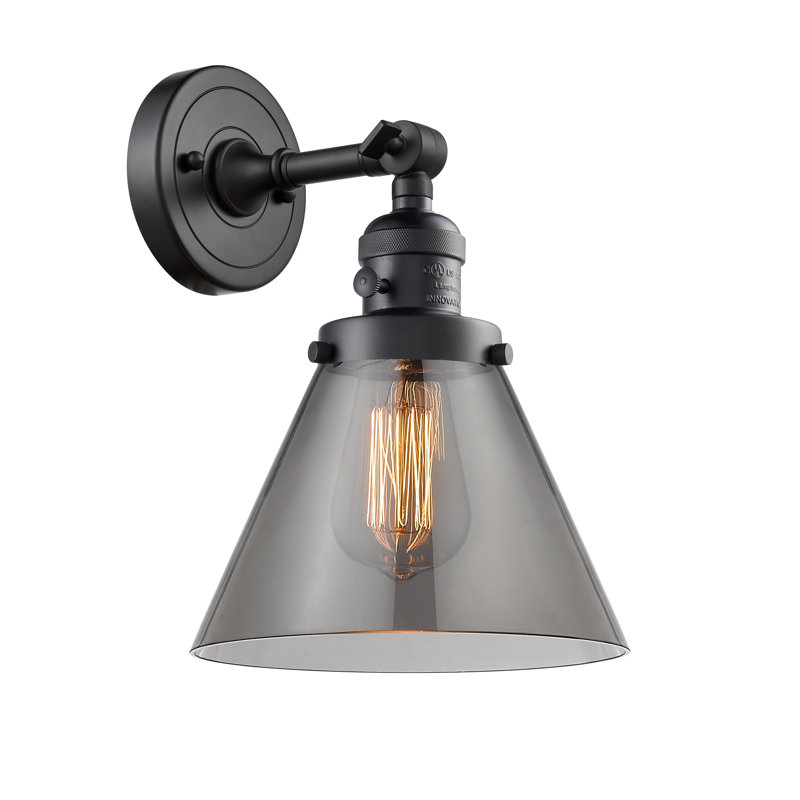 Applique murale 1 lumière Cone, Fumé, Ampoule incandescente rétro 60 watts, Noir mat