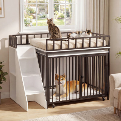 Loft-Style Dog Crate Furniture with Storage and Safety Lock, Heavy Duty Dog Bunk Bed with Stairs, Indoor and Outdoor Use Pet House