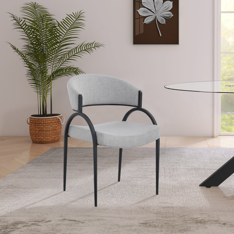 17.72'' H Upholstered Metal Armchair, Grey Linen Textured Fabric, Matte Black