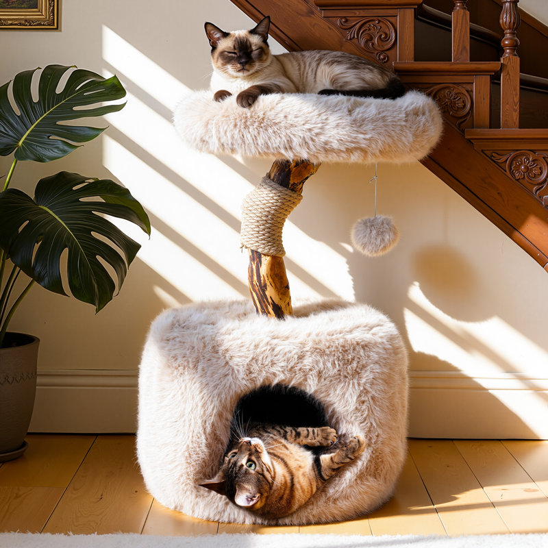 Artisan Natural Wood Branch Cat Tree with Faux Fox Fur & Large Condo for Large Cats, 29" H