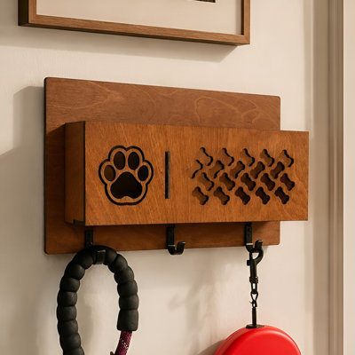 Wooden Dog Leash Organizer and Holder for Wall with Three Hooks | Storage Rack Solution for Pet Brushes, Poop Bags and Lint Brushes