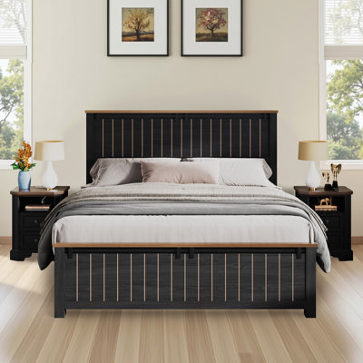49" H Farmhouse Bed Frame With Sliding Barn Door Storage Cabinets