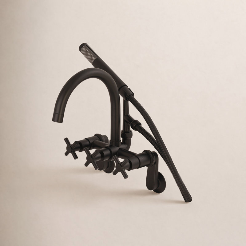 Kingston Brass Concord Three-Handle 2-Hole Tub Wall Mount Clawfoot Tub Faucet with Hand Shower, Matte Black